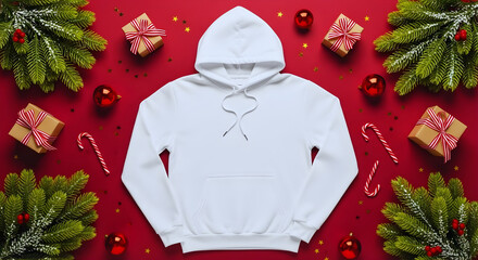 christmas gift wrapping on a red background with a white hoodie mockup