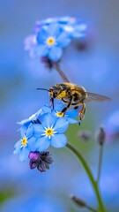A bee gathers pollen from delicate blue flowers in a blurred floral scene