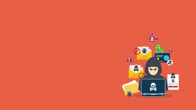 Hacker with laptop computer stealing confidential data, personal information and credit card detail. Hacking concept.	