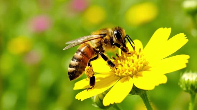 Close up of a worker bee diligently collecting nectar and pollen from a vibrant wildflower, showcasing the intricate details of its fuzzy body and pollen baskets.