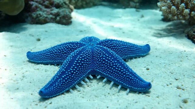 Intricate surface textures and biological patterns of a vibrant starfish, showcasing its unique epidermal details and radial symmetry under clear ocean water.