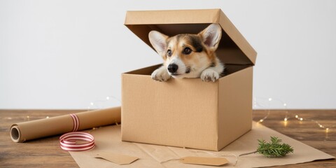 Tricolor Pembroke Welsh Corgi Puppy in Gift Box — Festive Christmas Card/Adoption Announcement, White Studio Background, Copy Space