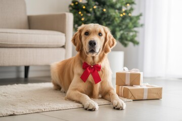 Golden Retriever in Red Bow by Christmas Tree with Gifts &mdash; Holiday Card Photo