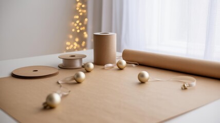 Minimal neutral Christmas flatlay — eco-friendly kraft gift wrap kit, matte gold ornaments, copy space