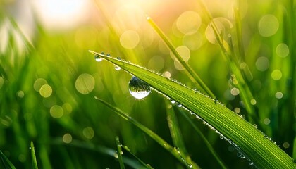 Macro Shot of a Single Dewdrop on a Grass Blade in Morning Light Displaying Freshness and High-Quality Natural Beauty
