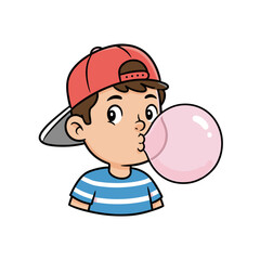 Boy Wearing A Red Cap And Blue Striped Shirt Blowing A Pink Bubble Gum On A Black Background