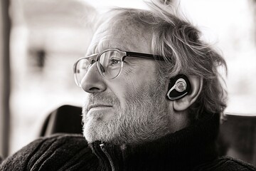 elderly man with hearing aid. male with deaf-aid in ear