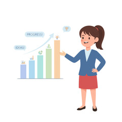 Businesswoman Presenting Growth Chart With Upward Trend Arrows And Small Figures Representing Progress And Ideas In A Flat Design Style On A White Background