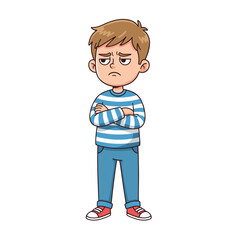 Cartoon Boy Standing Arms Crossed Looking Bored Wearing Blue Striped Long Sleeve Shirt and Blue Pants with White Sneakers on Black Background Flat Design