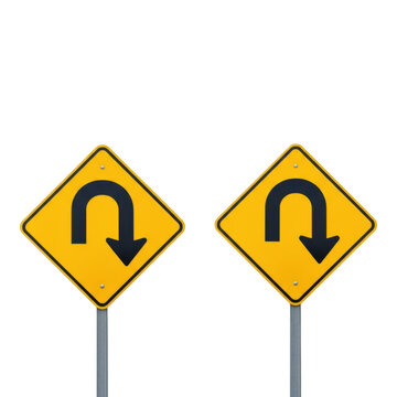 Two yellow diamond shaped u turn road signs against black background