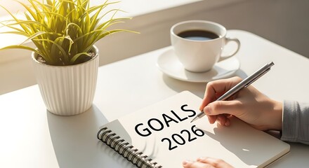 Setting Goals for 2026 with Coffee, Plant, and Notebook on Clean White Desk