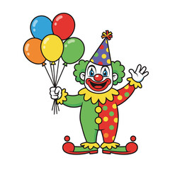 Cartoon Clown Wearing Polka Dot Hat and Colorful Outfit Holding a Bunch of Balloons