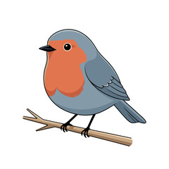 Cartoon European Robin Bird With Orange Breast Sitting On A Twig In Flat Vector Style On A White Background