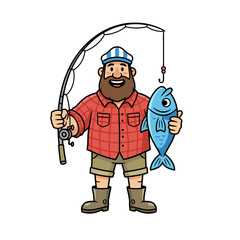Cartoon Fisherman Character Wearing Yellow Raincoat And Red Plaid Shirt Holding Fishing Rod And Blue Fish In Flat Style
