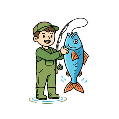 Cartoon Fisherman Standing Confidently Holding a Big Blue Fish with a Fishing Rod on a Clean Vector Background