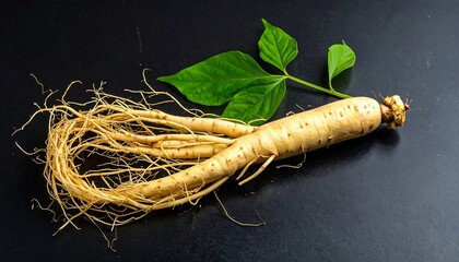 Ginseng root with leaves on dark surface