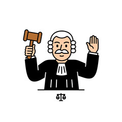 Cartoon Judge In A Black Robe Holding A Gavel And Raising His Hand In Courtroom With A White Wig And Black Background
