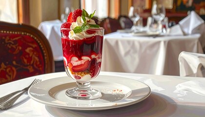 Delicious Strawberry Dessert in Glass Dish.