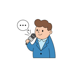Cartoon Male Reporter Holding Microphone Conducting Interview with Speech Bubble in Flat Vector Design on White Background