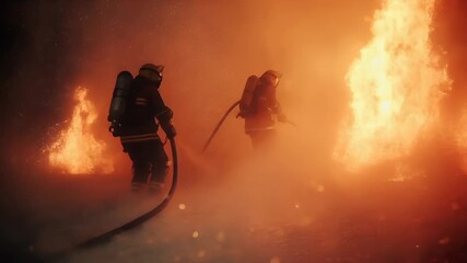 A vivid portrayal of a firefighter battling a raging fire. The firefighter, dressed in protective gear, is captured in a dynamic pose, with one arm extended forward and the other trailing behind.