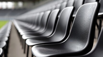 A close up low angle view of numerous empty dark gray stadium seats arranged in repeating rows  The blurred background includes a green field and architectural elements