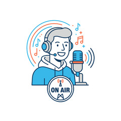 Cartoon Man Wearing Headphones Broadcasting With Microphone And Laptop On Air Sign White Background Clean Vector Design