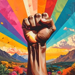 A raised fist against a rainbow sky over colorful landscape