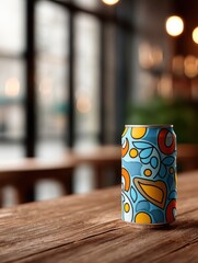 Aluminum Beer Can Mockup on Wooden Bar
