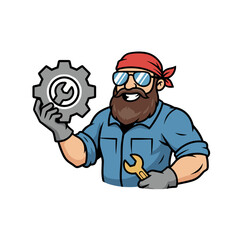 Cartoon Mechanic Kneeling with Wrench and Gear Illustration Flat Vector Design White Background