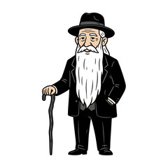 Cartoon of a wise elder with a walking stick and hat standing against a white background flat vector design