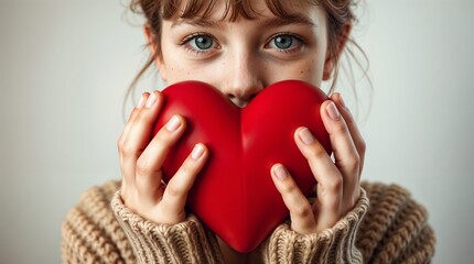 close up of girl, wearing knitted brown sweater, holding big red heart. charity, kindness and support theme