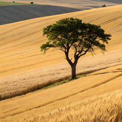 Lone green tree in golden wheat field under sunlight