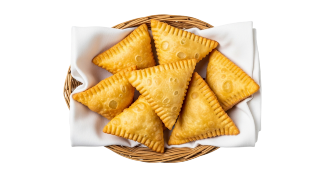 Top view of a basket full of samosas isolated on transparent background, a popular snack in south asia