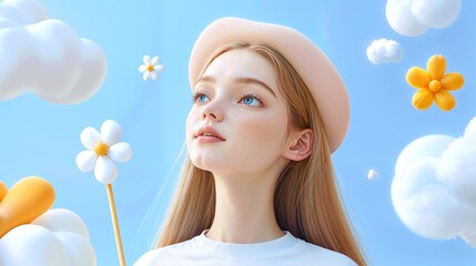 Dreamy composition featuring cute cartoonish 3d girl character, wearing a pink beret, holding a flower stick, surrounded by clouds and flowers against a blue background