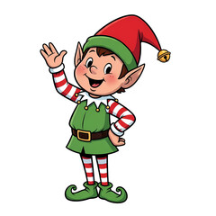 Friendly Christmas elf waving hello with festive holiday cheer