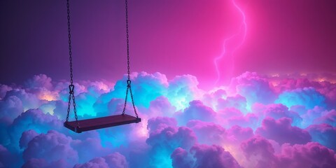 Dreamy composition featuring swing hanging from chain, high above colorful clouds and a lightning bolt on pink sky