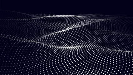 Dark abstract background with a wave of moving particles. 3D Vector illustration.