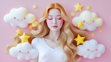 Abstract illustration with sleeping woman, surrounded by cute soft clouds and yellow stars, against pink background