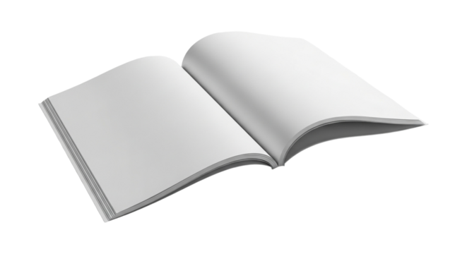 Open blank notebook isolated on transparent background, ready for your message or design, perfect for showcasing creative ideas