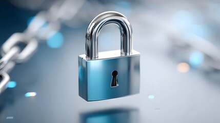 Naklejka premium This abstract image features a shiny metallic padlock and connected chain links representing cybersecurity privacy and robust data protection in a modern technological context