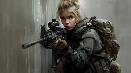 A detailed digital artwork of a female soldier in combat gear, holding a rifle with a scope mounted on it. The soldier is wearing a green jacket, brown gloves, and a brown backpack.