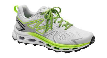 Closeup of a white and neon green running shoe, showcasing its design and features isolated on transparent background