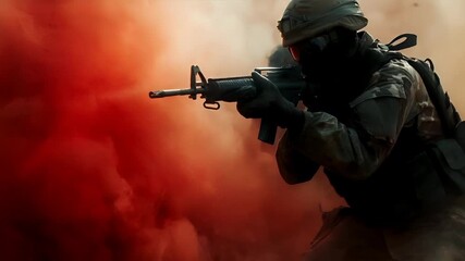 A soldier in combat gear is captured in a dynamic pose amidst a smoky backdrop. The soldiers uniform is detailed with camouflage patterns, and the helmet is equipped with a tactical visor.