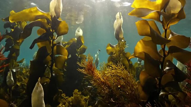 Underwater Kelp Forest Swaying in Gentle Currents Dynamic wide shot showcasing a vibrant, dense kelp forest, with long fronds gracefully moving with the natural ebb and flow of ocean currents,?