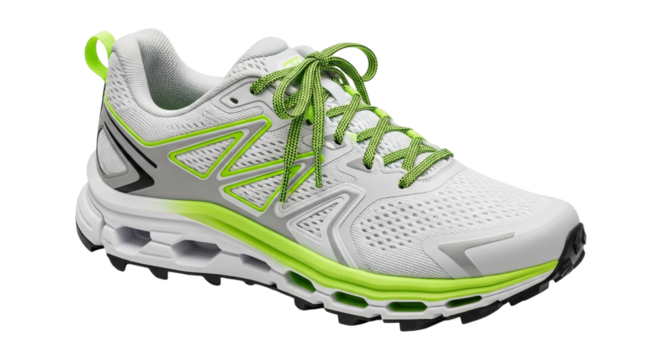 Closeup of a white and neon green running shoe, showcasing its design and features isolated on transparent background