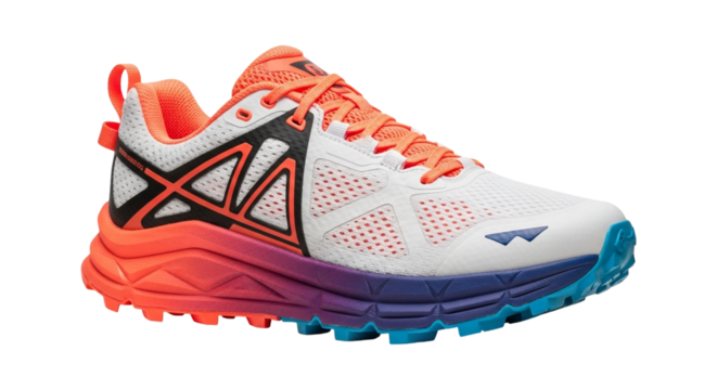Closeup of a colorful running shoe, showcasing its design and features isolated on transparent background - Powered by Adobe