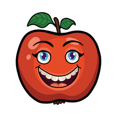 A red apple with a black outline and a happy smiling face.Flat cartoon vector.