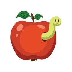 Red apple with a worm. A red apple with two leaves and a green worm that has chewed a hole and pulls its head out of the apple. Flat cartoon vector.
