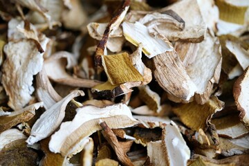 Close-up photo of a pile of dried porcini mushrooms