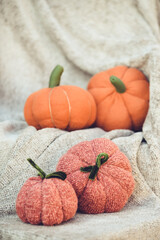 Stuffed handmade pumpkins, made of orange fabrics and yarn, Perfect autumnal decor